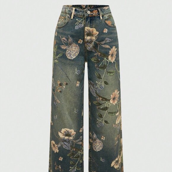 Blue Casual Women's Floral Printed Washed Loose Wide Leg Jeans - Picture 5 of 5